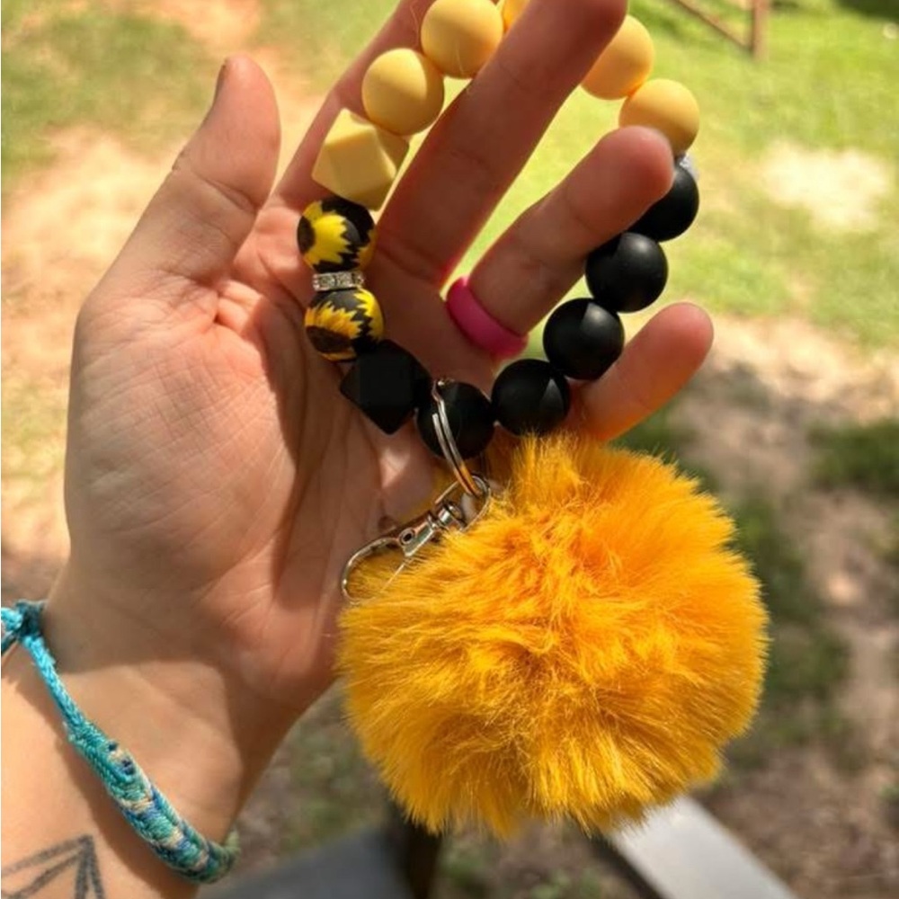 Yellow and Black Key Holder with Pom Pom